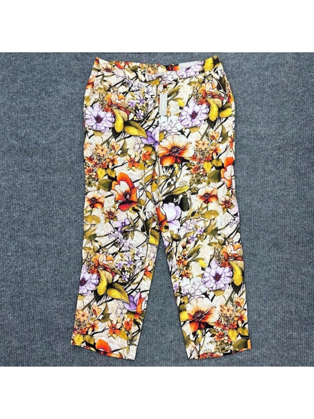 Chicos Pants 100% Linen Elastic Pull On Floral Straight Leg Womens 3 (16R) NEW - Picture 1 of 8